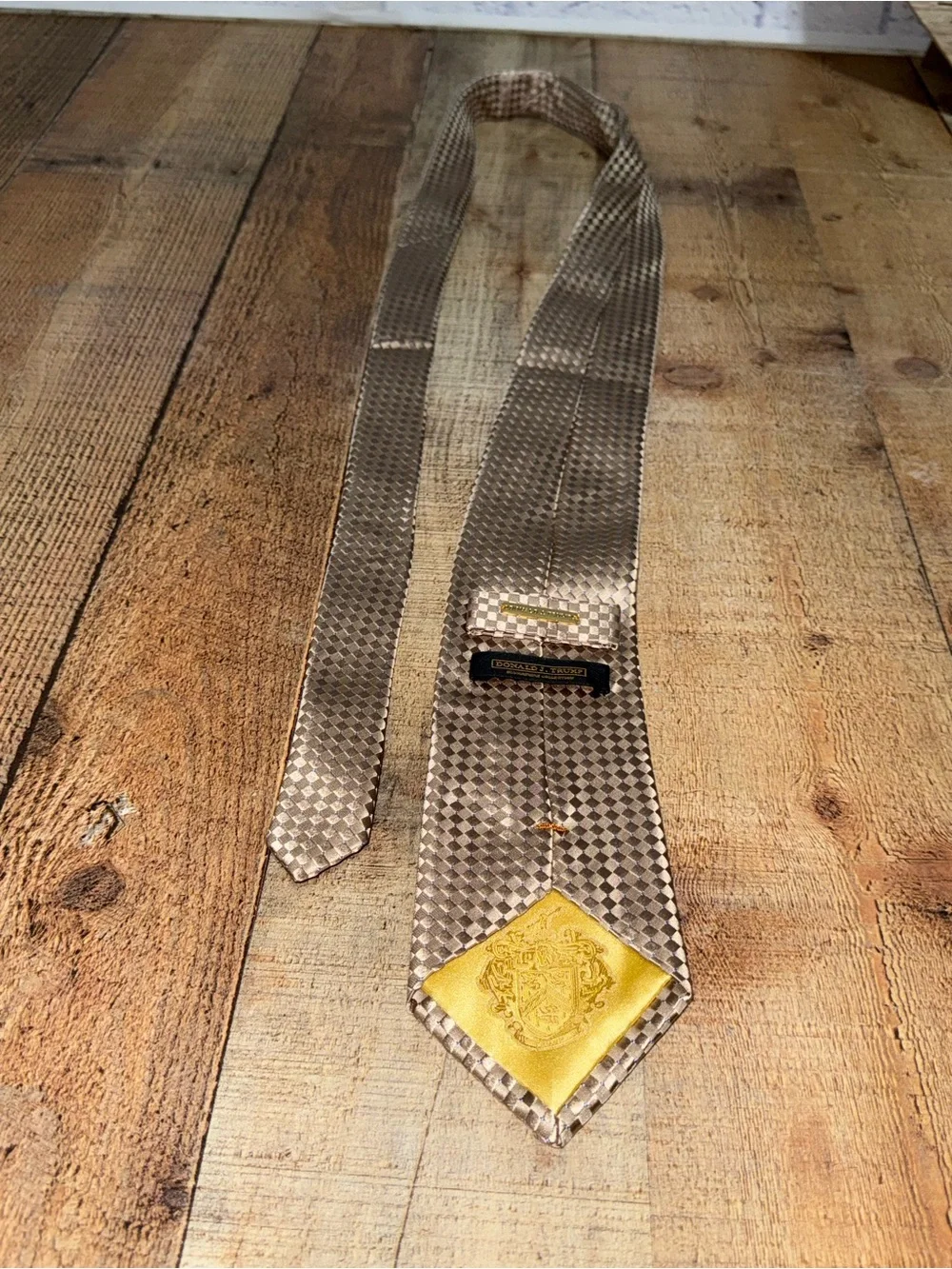 Donald J Trump Signature Collection Silk Tie Gold Bronze Checkerboard Geometric